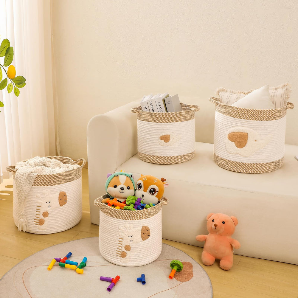 INough baby gift basket idea featuring giraffe motif and practical storage use.