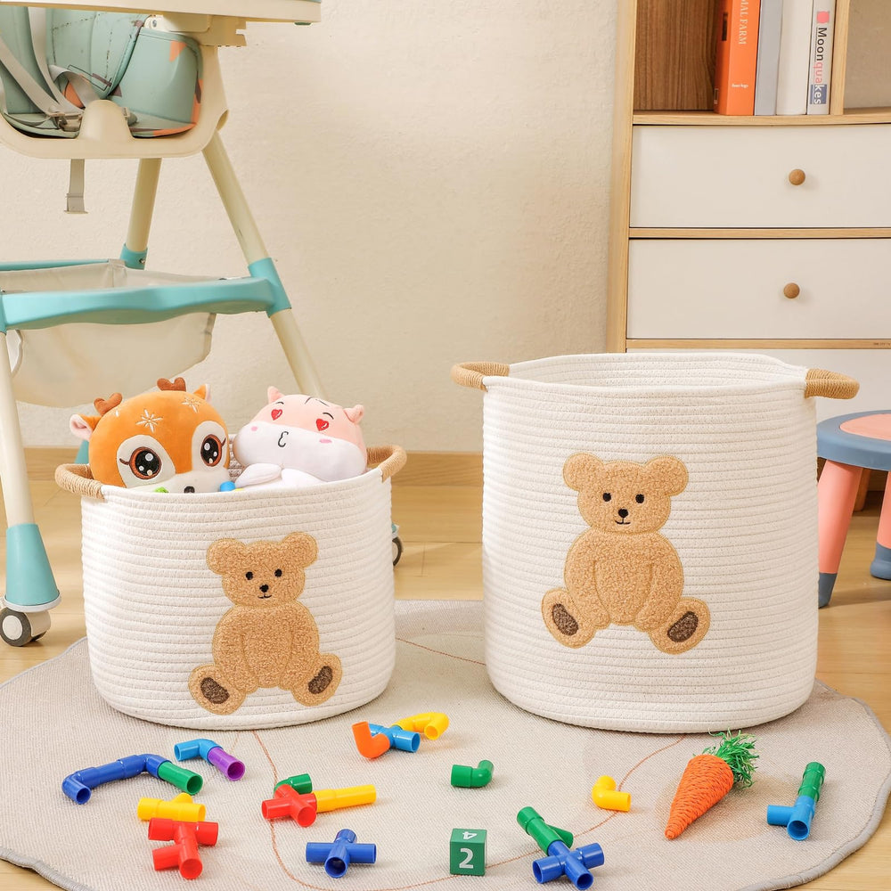 INough bear-embroidered toy bin with playful design supports kid-friendly storage