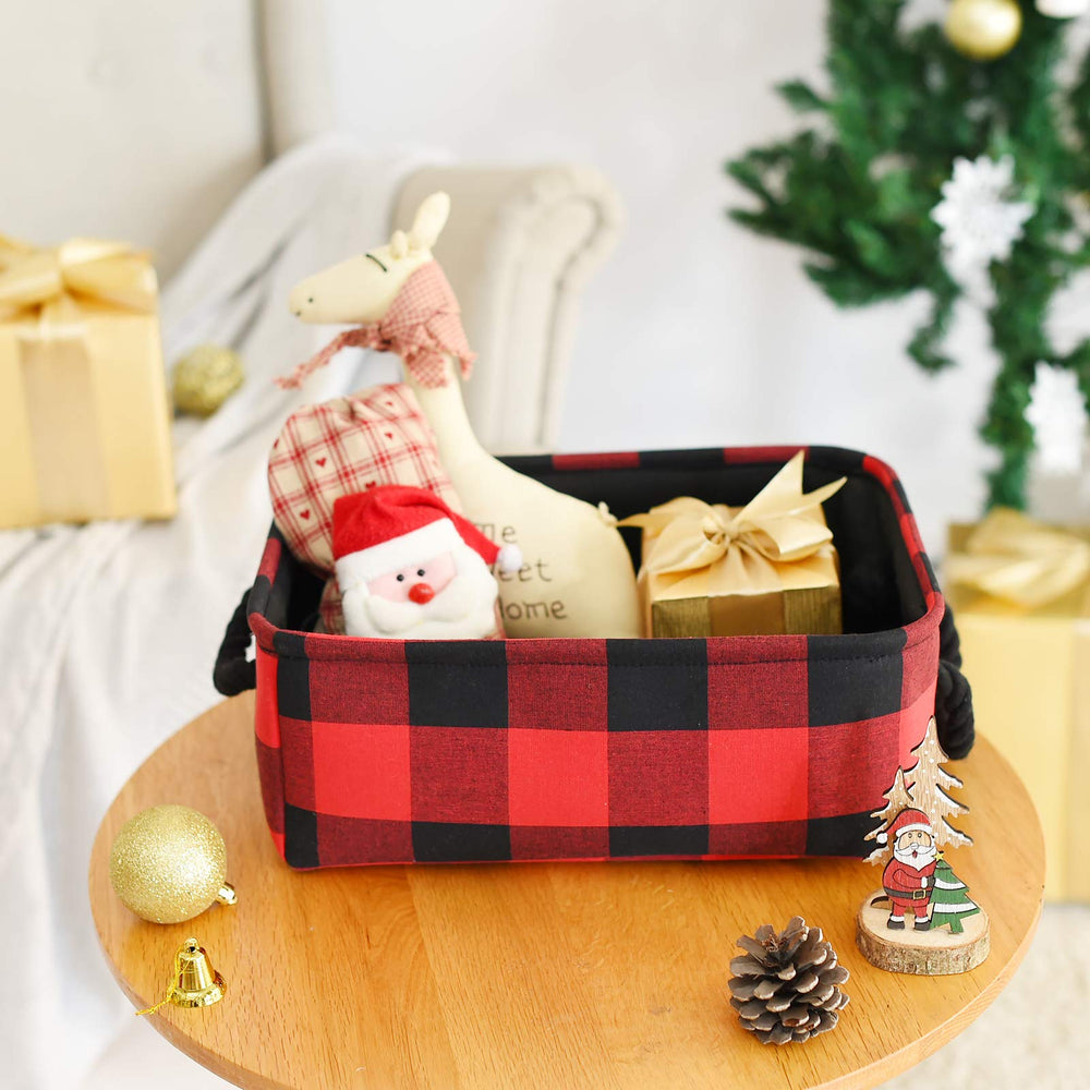 INough buffalo-plaid gift basket side view shows sturdy wire-framed storage