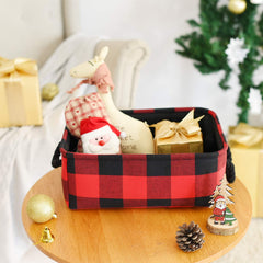 INough buffalo-plaid gift basket side view shows sturdy wire-framed storage
