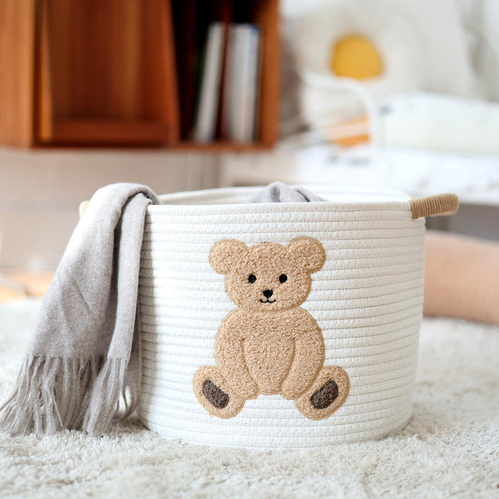 INough basket measures 12 by 12 inches, offering ample room for toys and blankets.