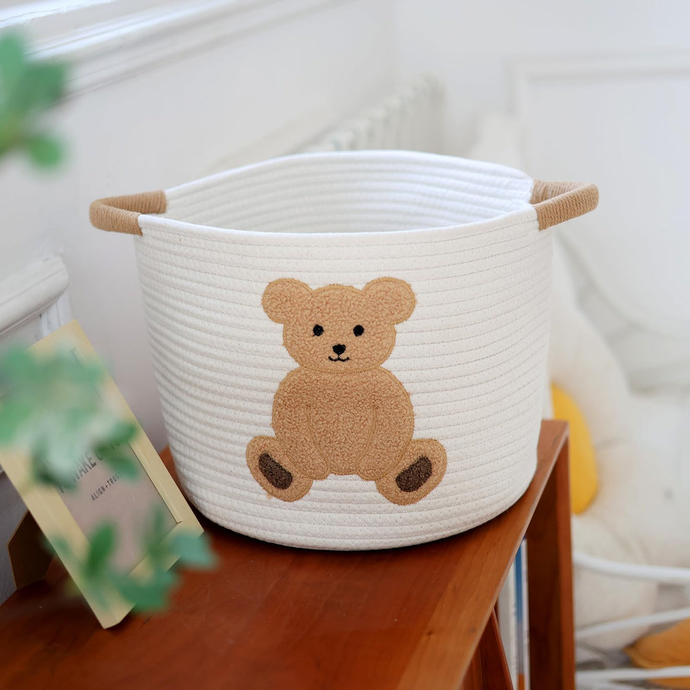 INough cotton rope basket embroidery view shows beige lamb bear for nursery charm and storage.