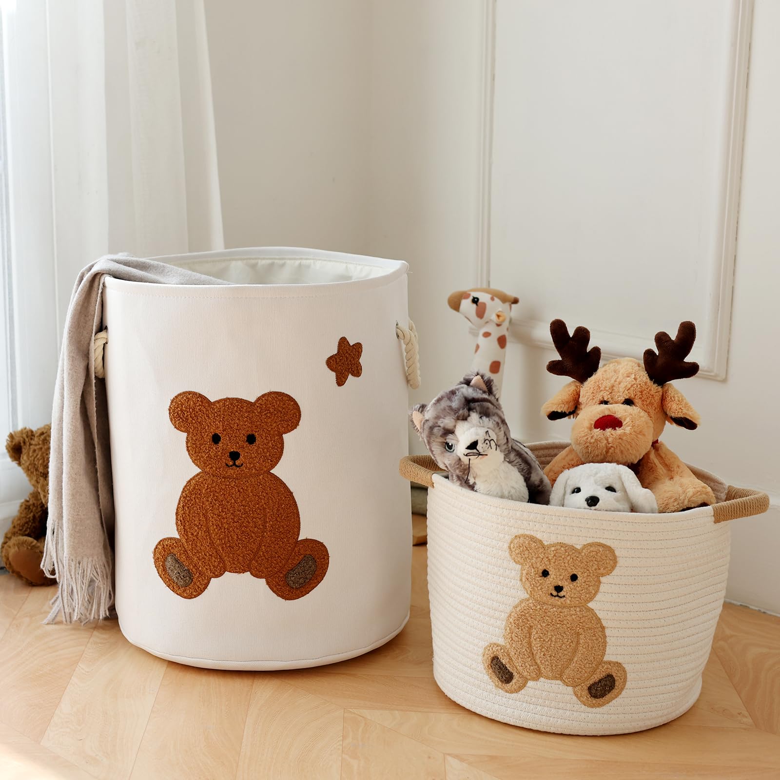 INough basket features reinforced handles with beige thread for easy carrying.