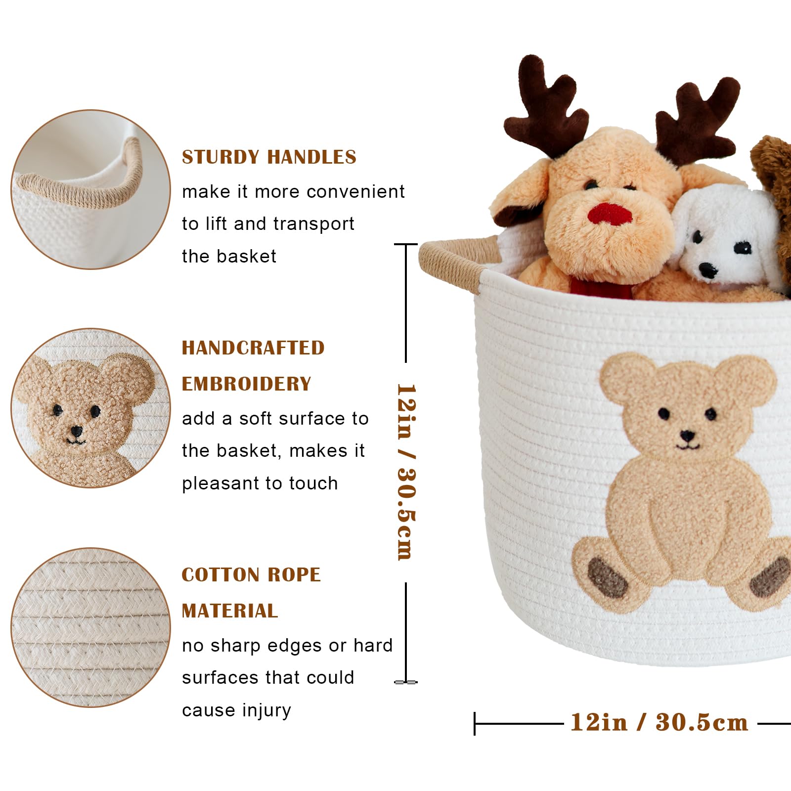 INough nursery decor basket adds cozy charm while organizing blankets and plush toys.