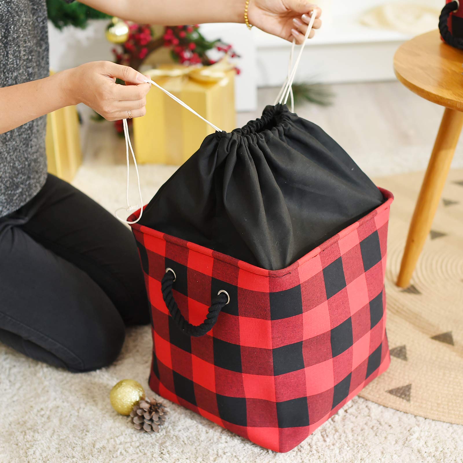 INough drawstring-closure bin keeps contents secure and dust-free.