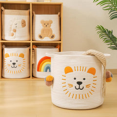INough lion face embroidery detail adds playful nursery decor and storage charm