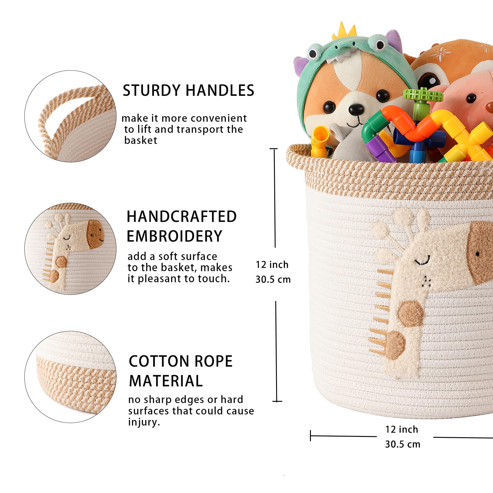 INough large 12x12 inch basket provides ample space for toys, books, and blankets