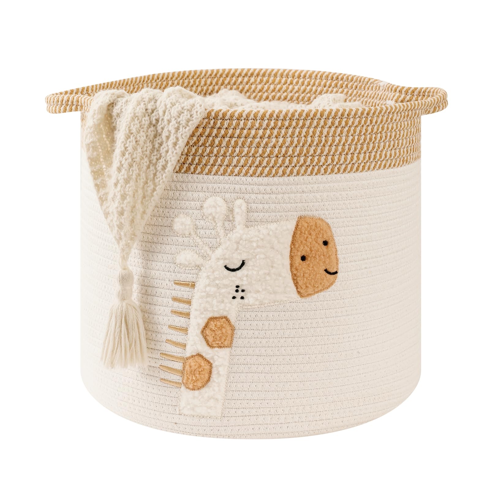 INough large blanket basket with giraffe embroidery for spacious toy and blanket storage in living rooms.