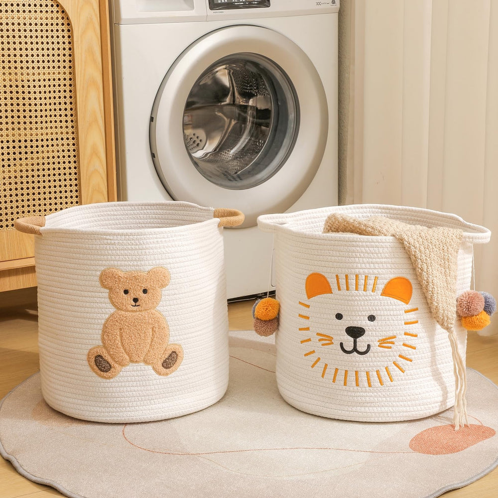 INough nursery-appropriate basket complements playrooms and bedrooms with durable texture