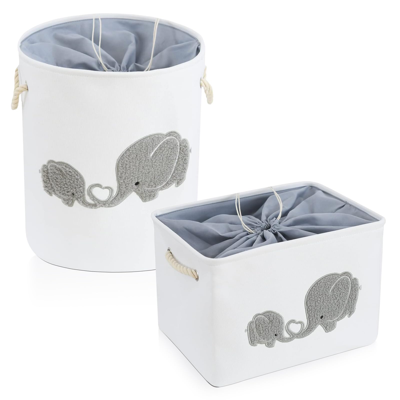 INough nylon storage baskets elephant-pattern highlight nursery organization with playful decor.