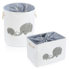 INough nylon storage baskets elephant-pattern highlight nursery organization with playful decor.
