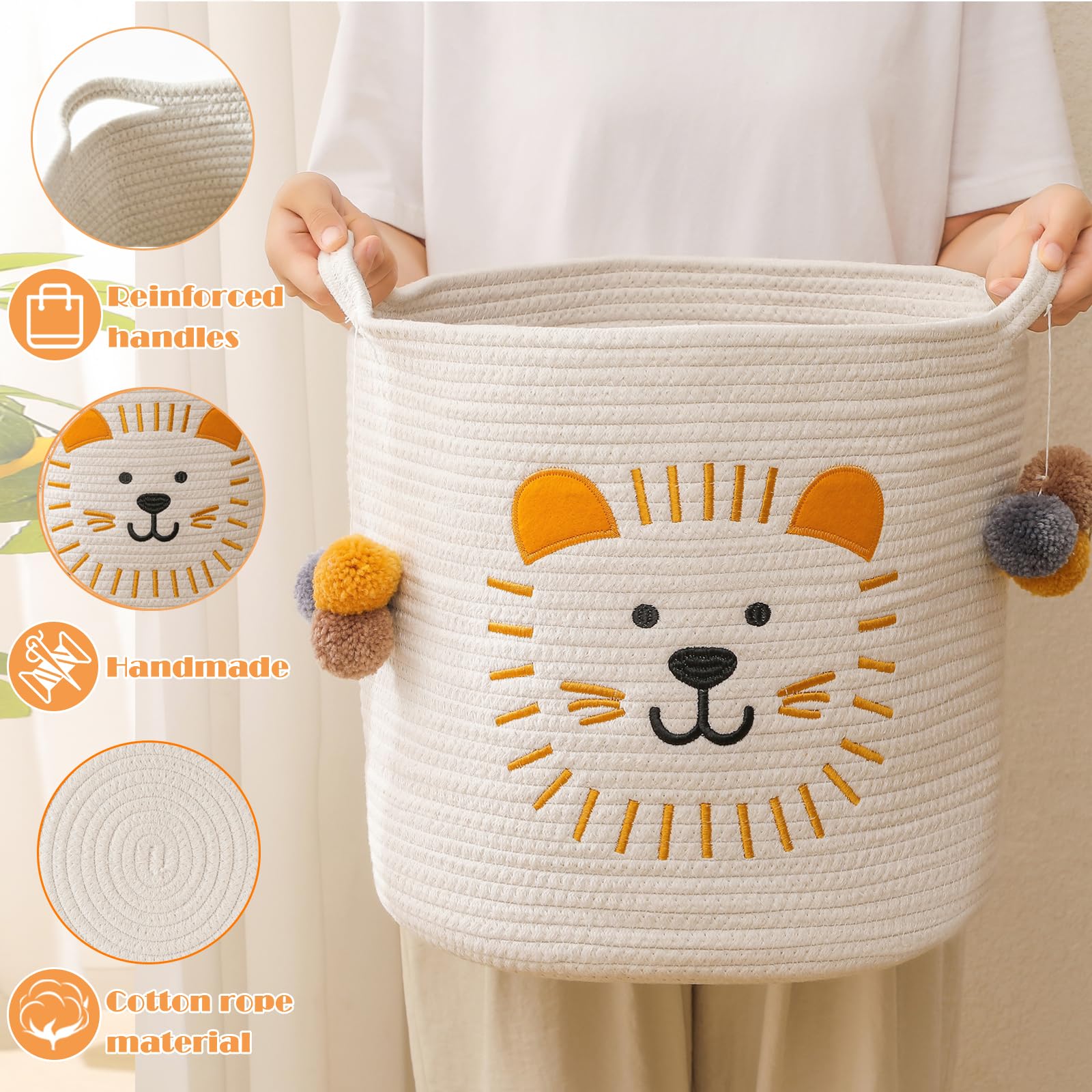 INough pompom tassels accent the handles for tactile nursery decoration