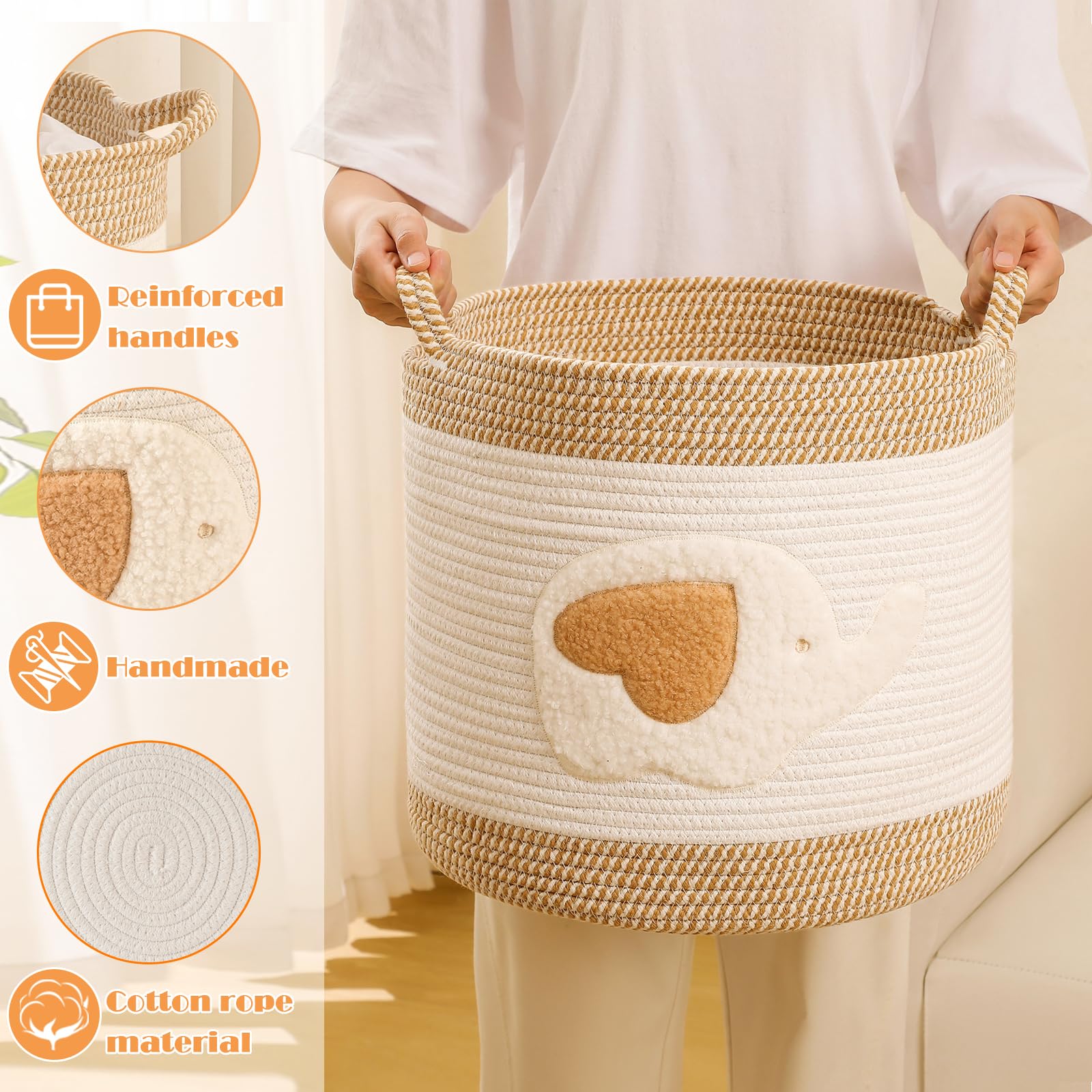 INough storage basket holds toys and blankets neatly, helping busy families stay organized.