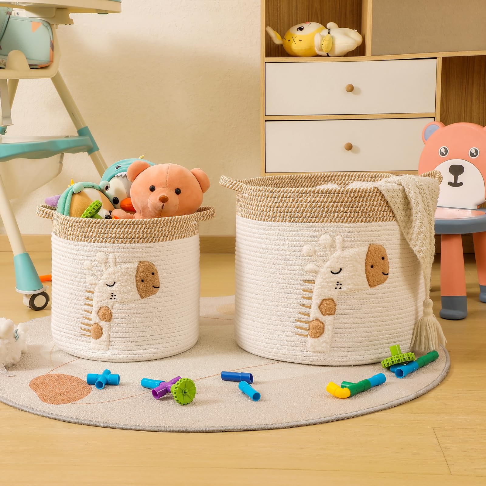 INough toy storage basket view shows easy-to-move design with reinforced handles.