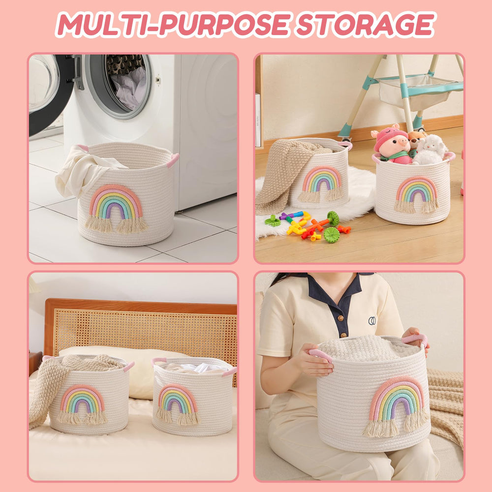 INough storage basket used as blanket hamper in nursery setting.
