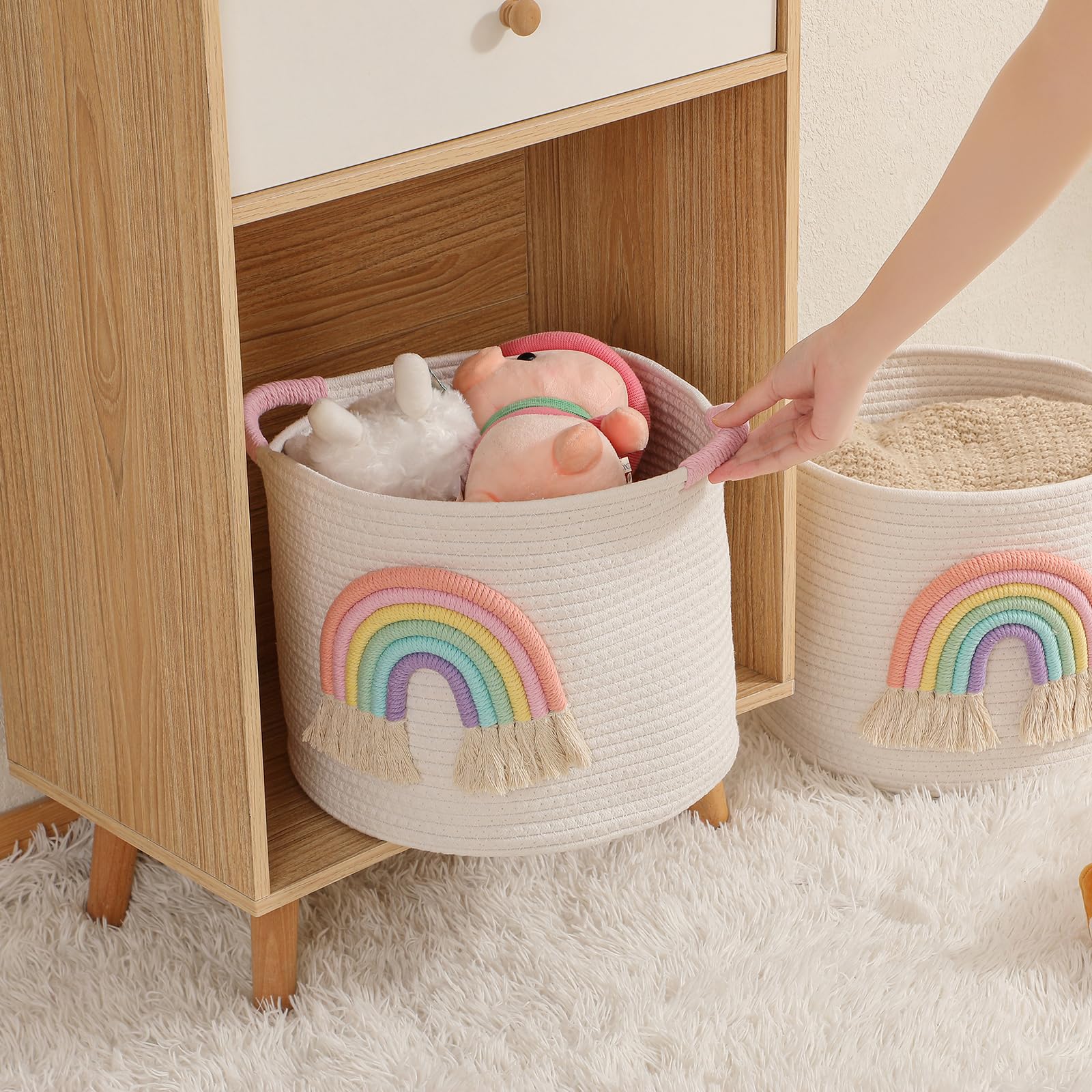 INough large-capacity basket pictured in living room for quick cleanups.