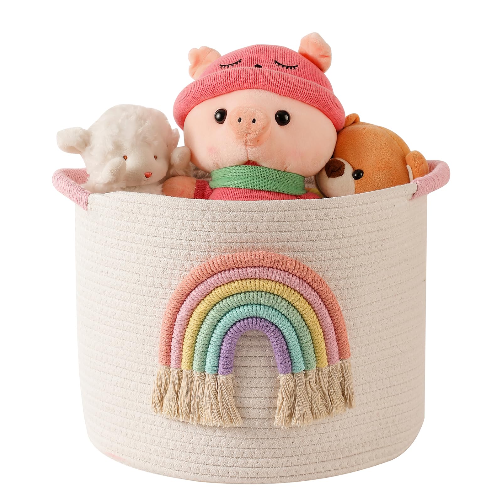 INough toy storage basket close-up of soft cotton rope texture for gentle playtime organization.