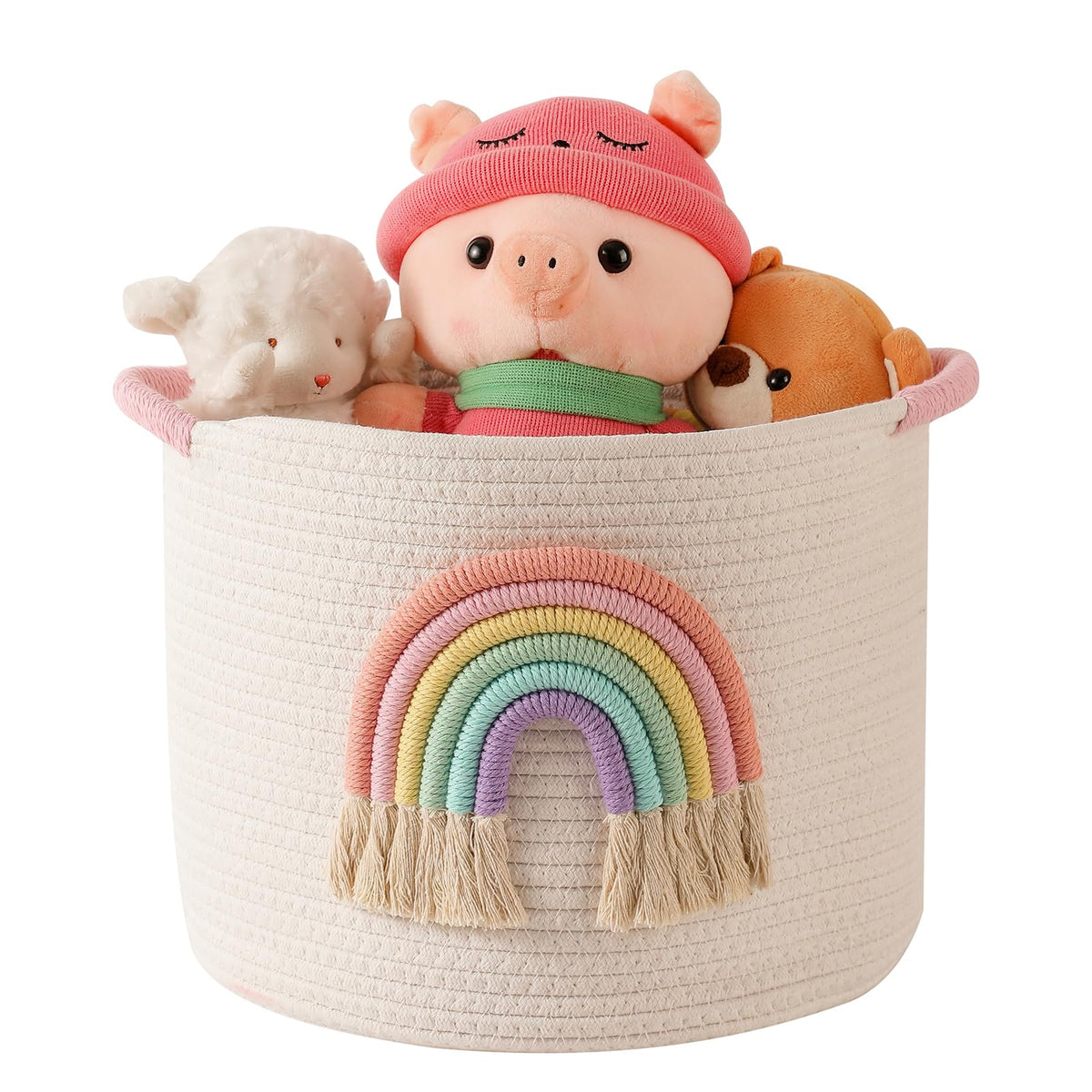 INough toy storage basket close-up of soft cotton rope texture for gentle playtime organization.