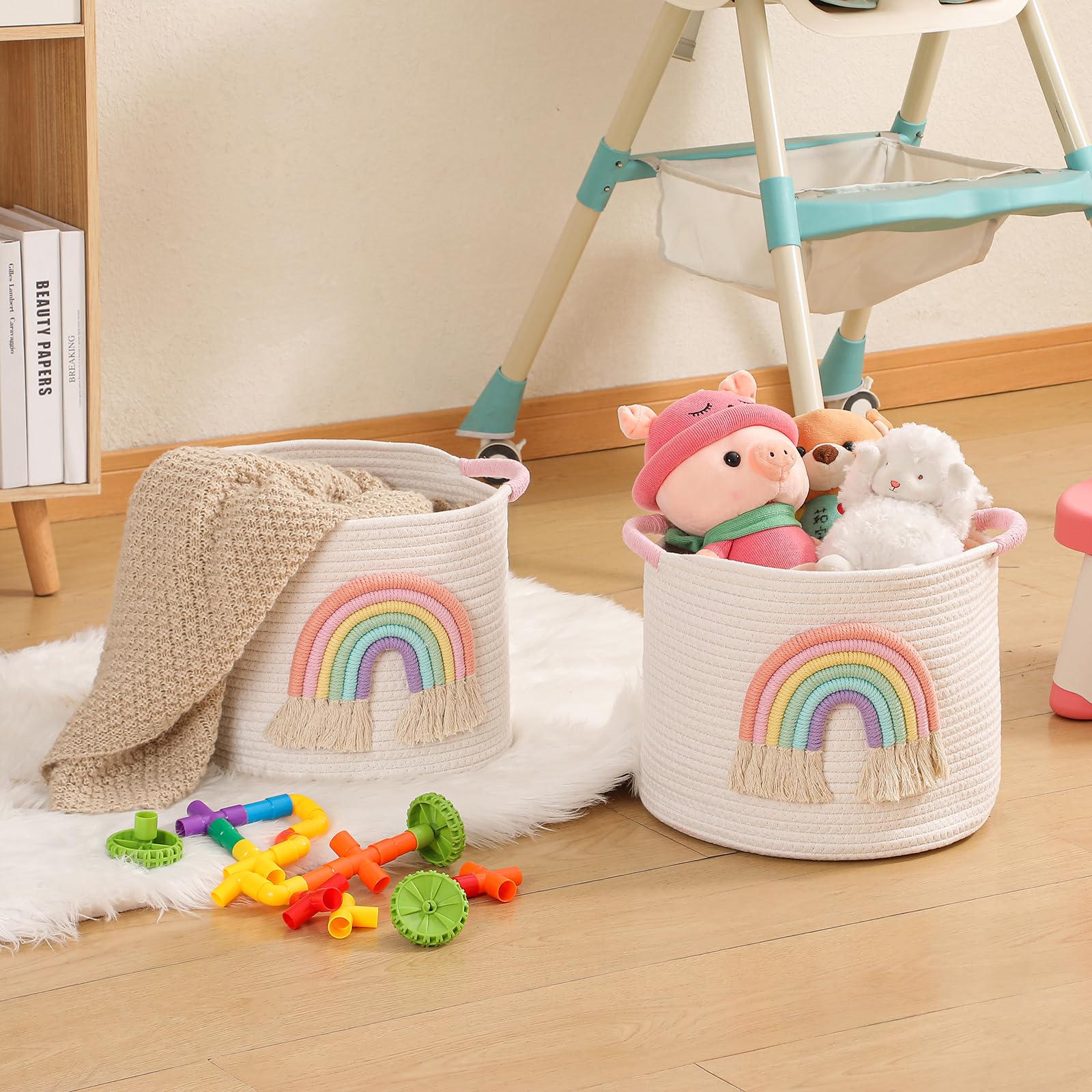 INough rainbow decor basket shows sturdy construction maintaining shape for toy storage.
