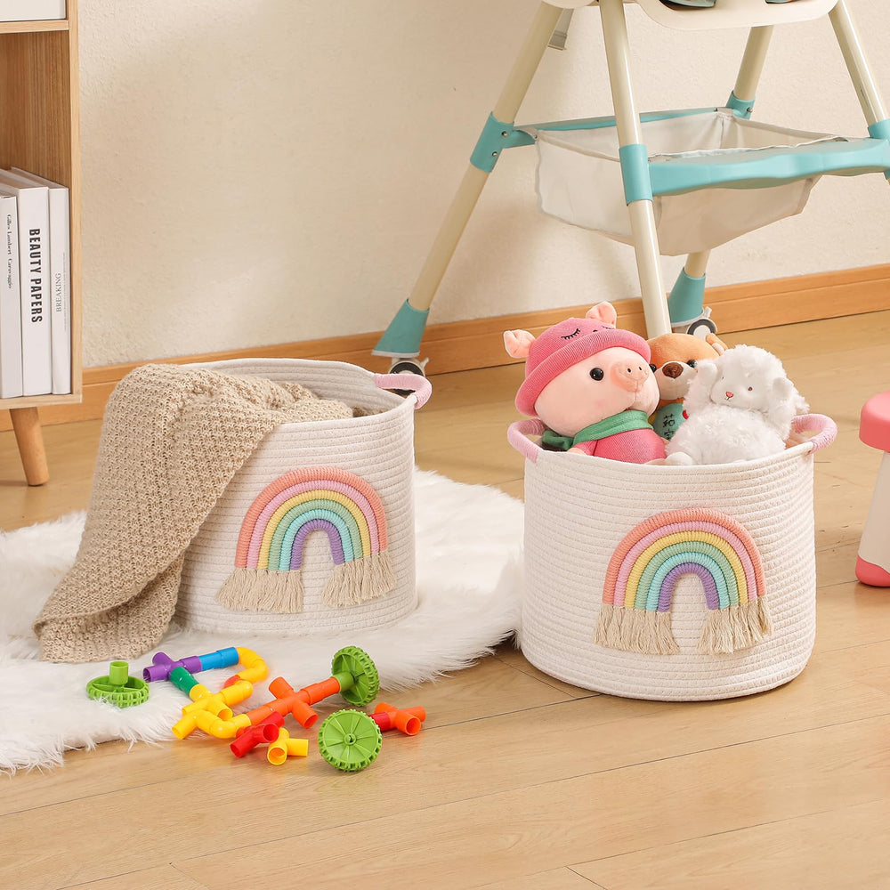 INough rainbow decor basket shows sturdy construction maintaining shape for toy storage.