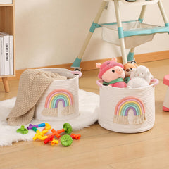 INough rainbow decor basket shows sturdy construction maintaining shape for toy storage.