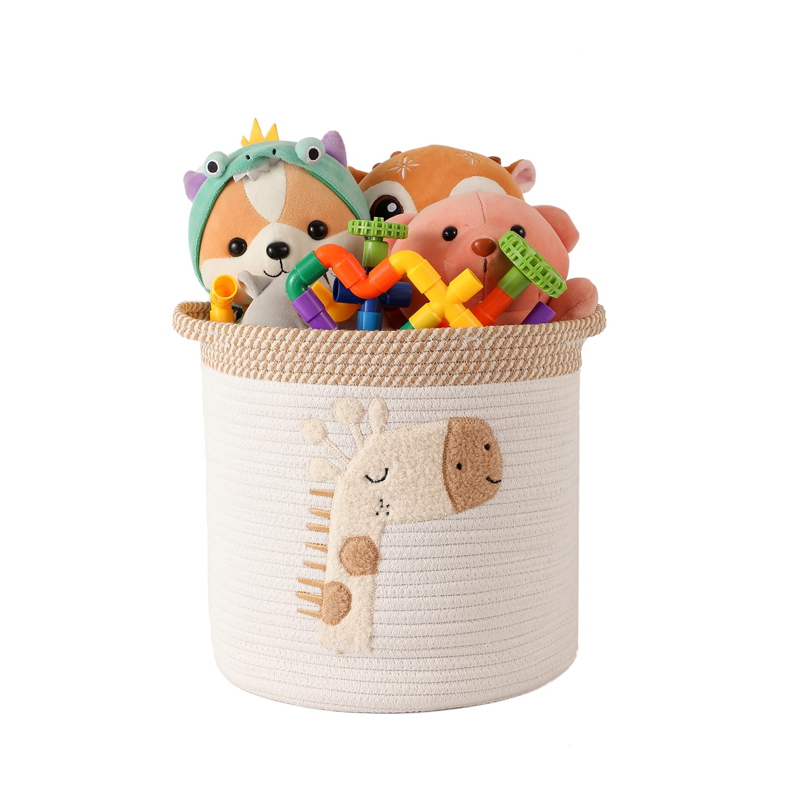 INough toy storage basket with woven cotton rope and giraffe embroidery keeps toys organized