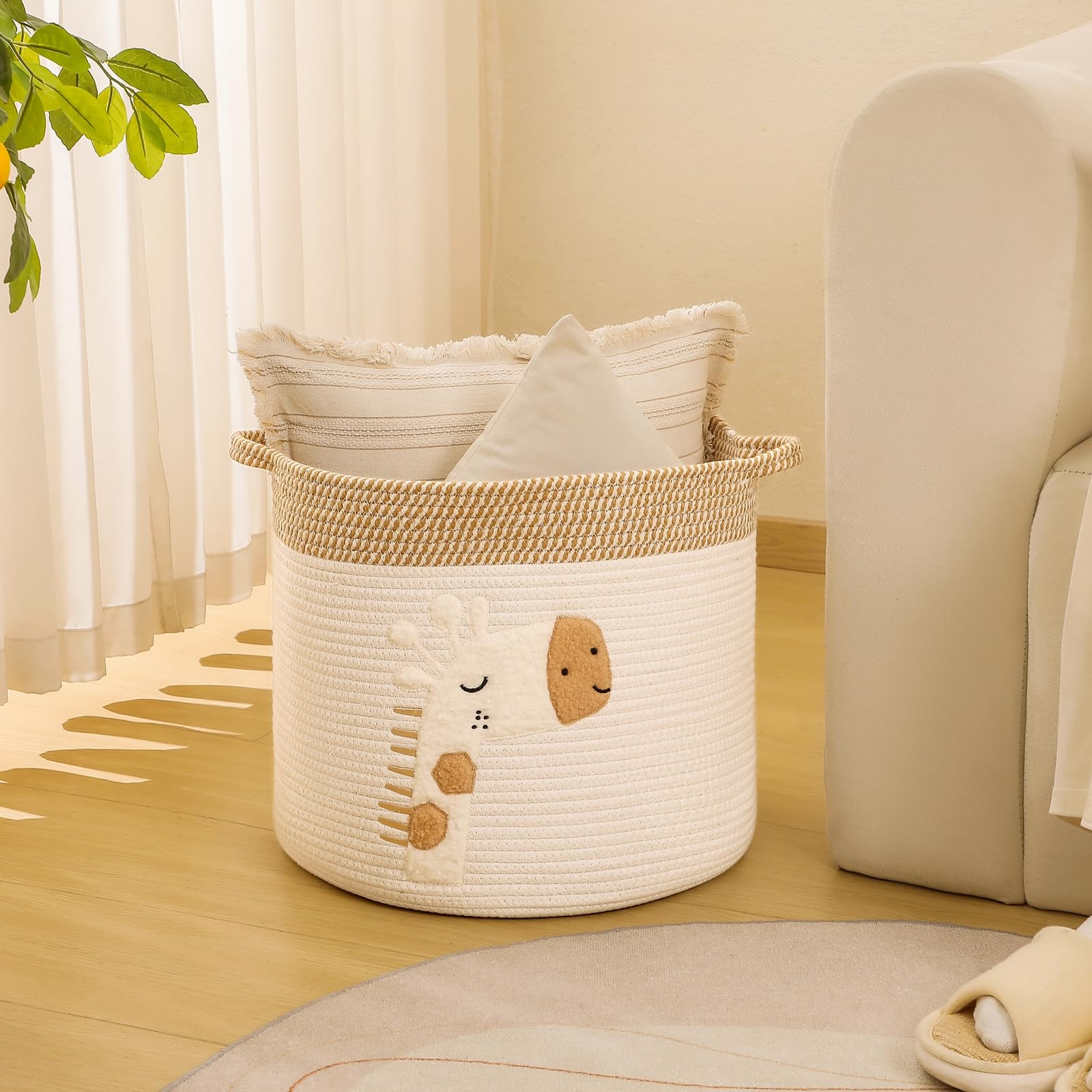 INough woven cotton rope storage basket close-up highlighting soft-touch material safe for kids.