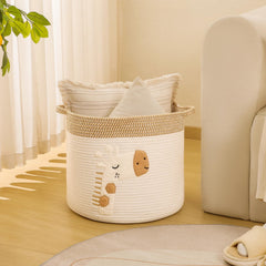 INough woven cotton rope storage basket close-up highlighting soft-touch material safe for kids.