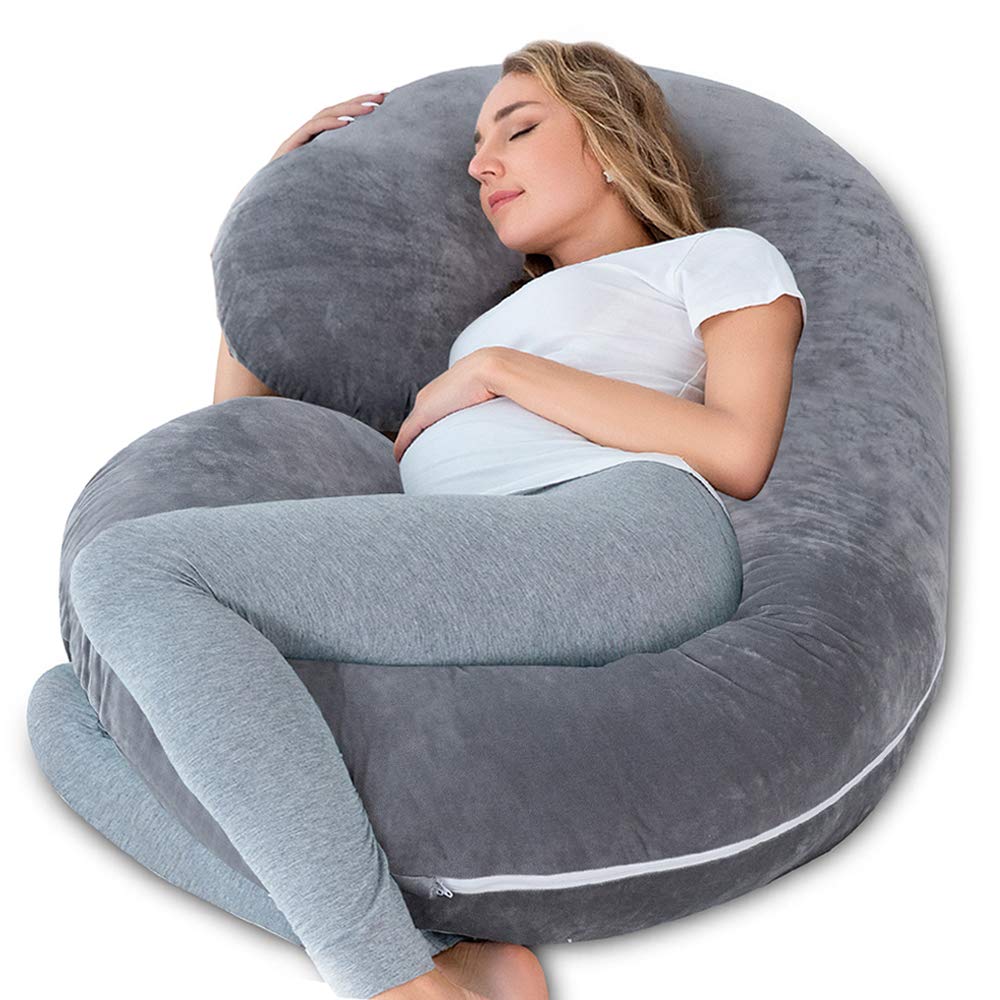 INSEN pregnancy pillow C-shape close-up highlights plush fabric for soothing, all-around support.