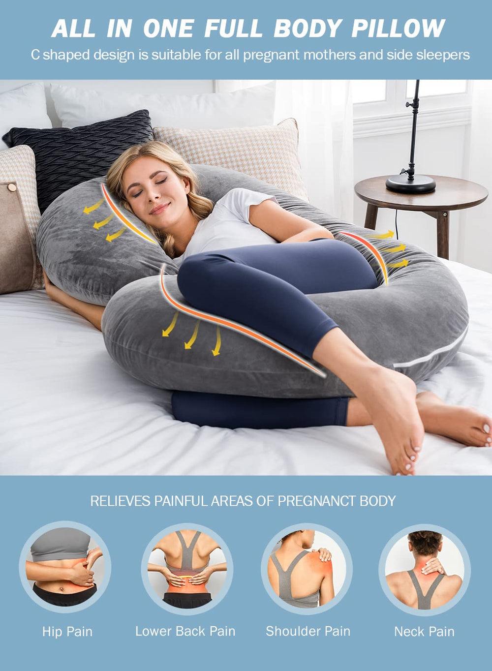 INSEN pregnancy pillow full-body C-shape surrounds back, hips, legs for restful sleep.