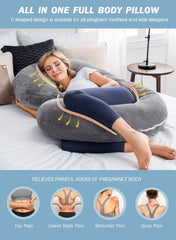 INSEN pregnancy pillow full-body C-shape surrounds back, hips, legs for restful sleep.
