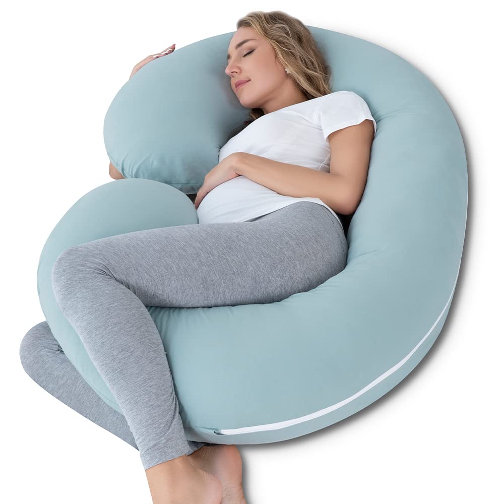 INSEN pregnancy pillow with green jersey cover closeup showing cooling fabric for comfortable side sleeping