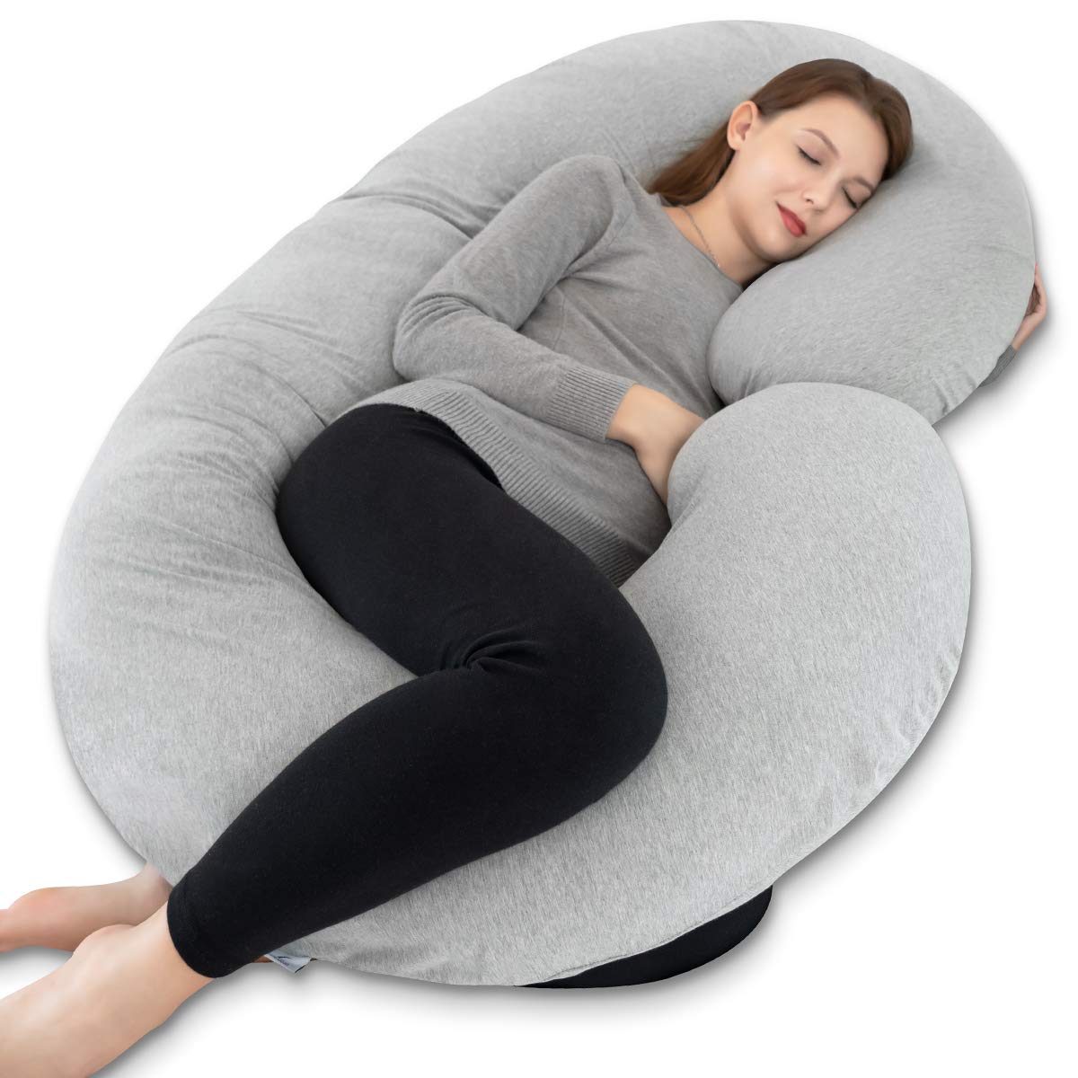 INSEN pregnancy pillow with grey jersey cover offers cozy sleep support
