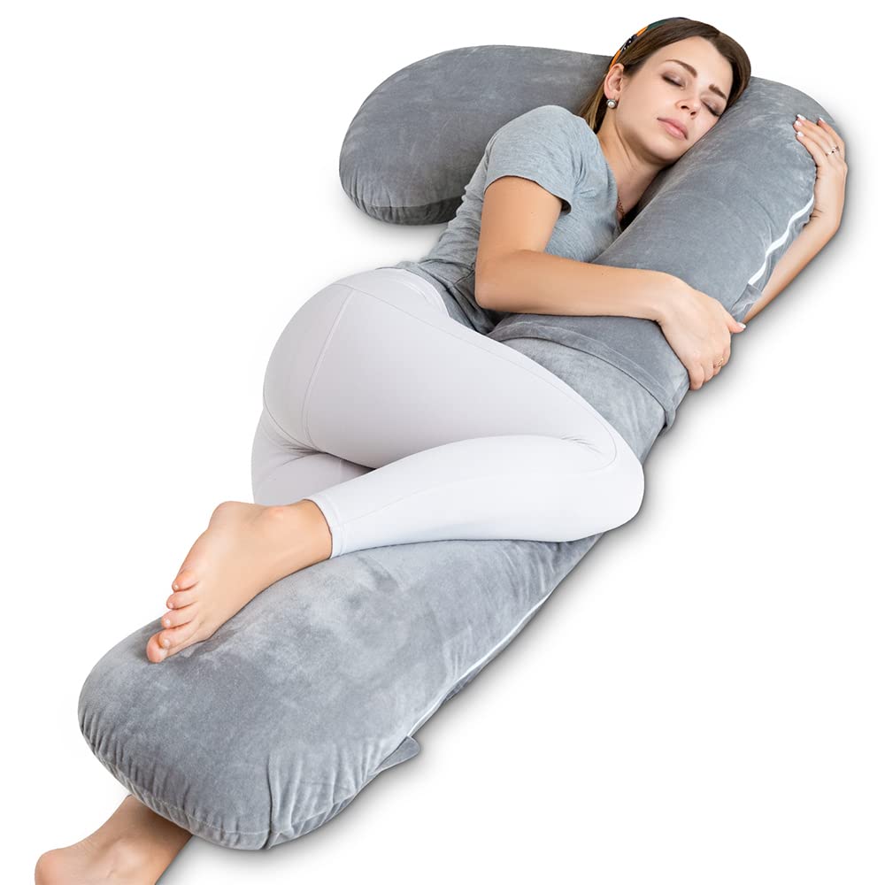 INSEN pregnancy pillow in L-shaped setup supports head, back, and legs for comfort