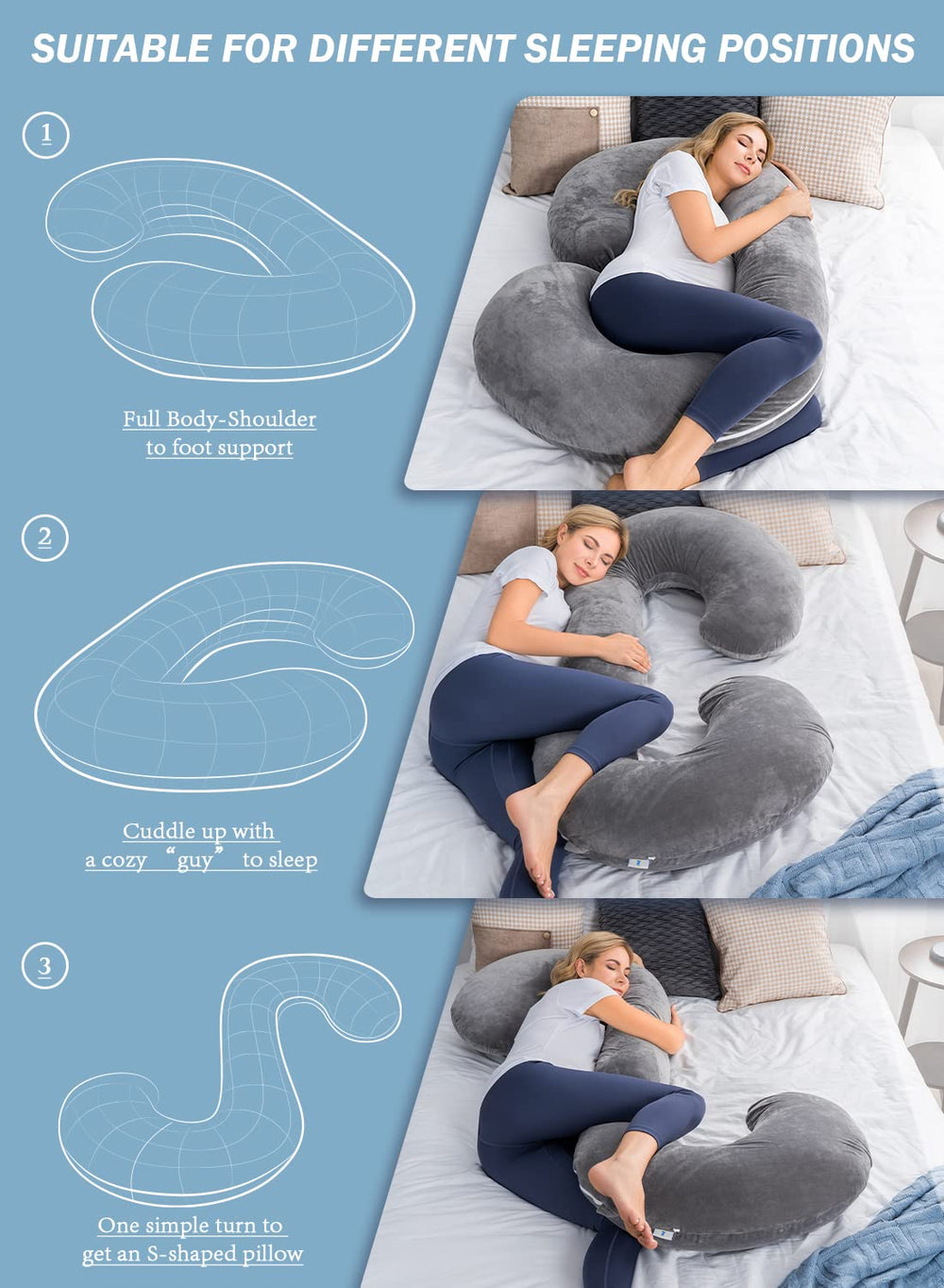 INSEN pregnancy pillow velvet cover gray shows luxurious touch and easy cleaning.