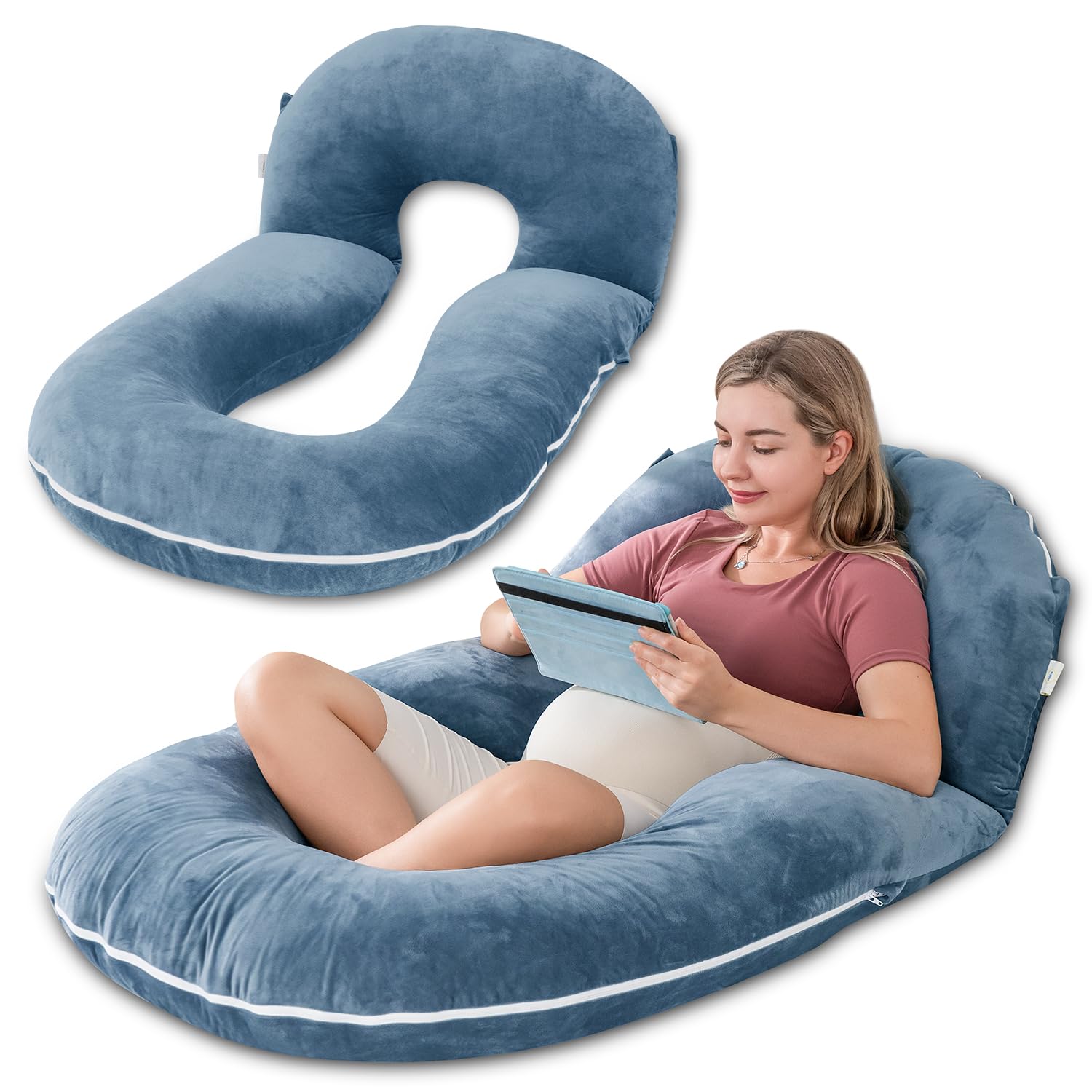 INSEN pregnancy pillows blue front view shows two-piece U-shape for full-body support during lounging.
