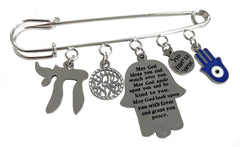InspiJ Jewish Baby Boy safety pin featuring a blue enameled Hamsa for protection.