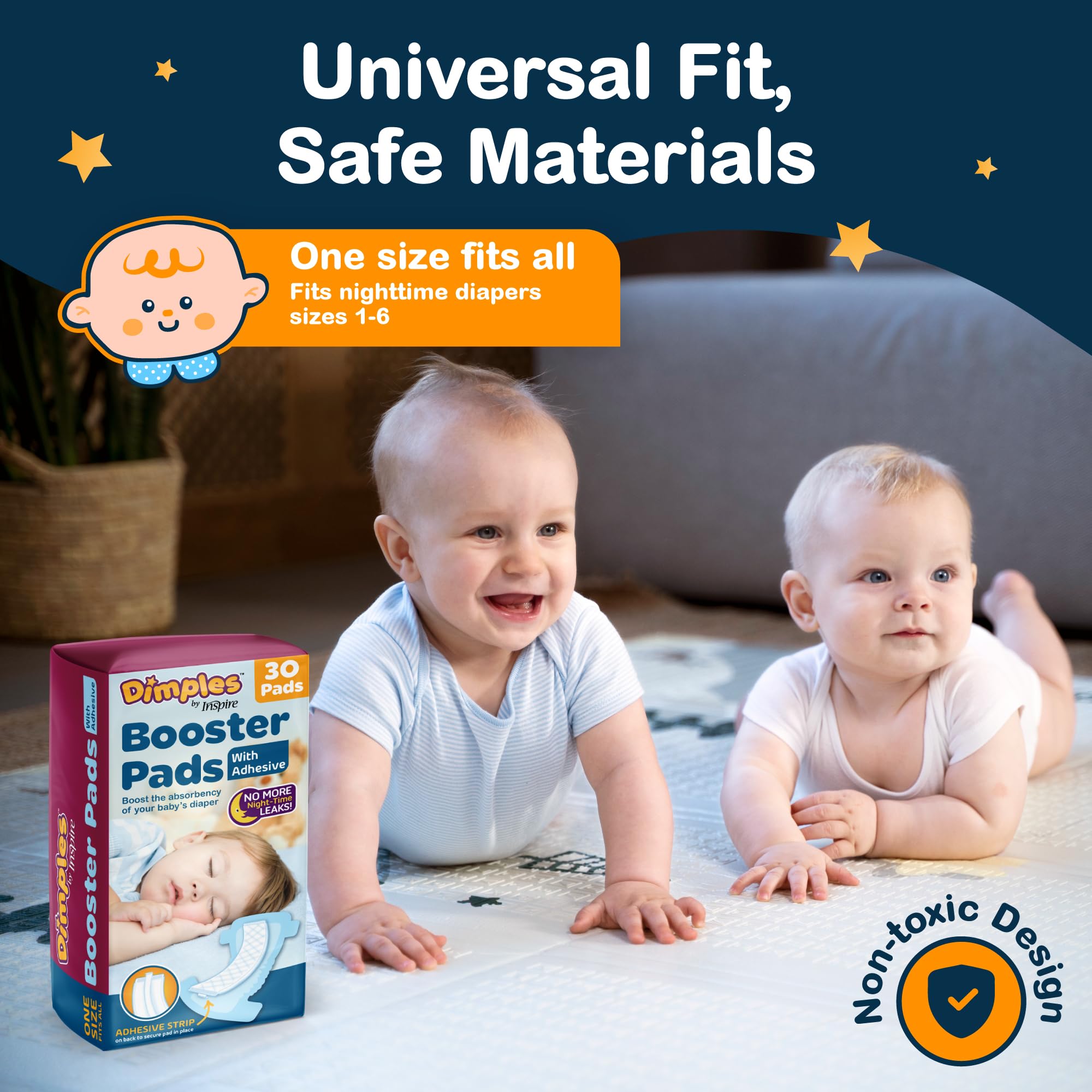 Inspire Dimples Booster Pads add-on absorbency supports daytime and overnight diaper needs.