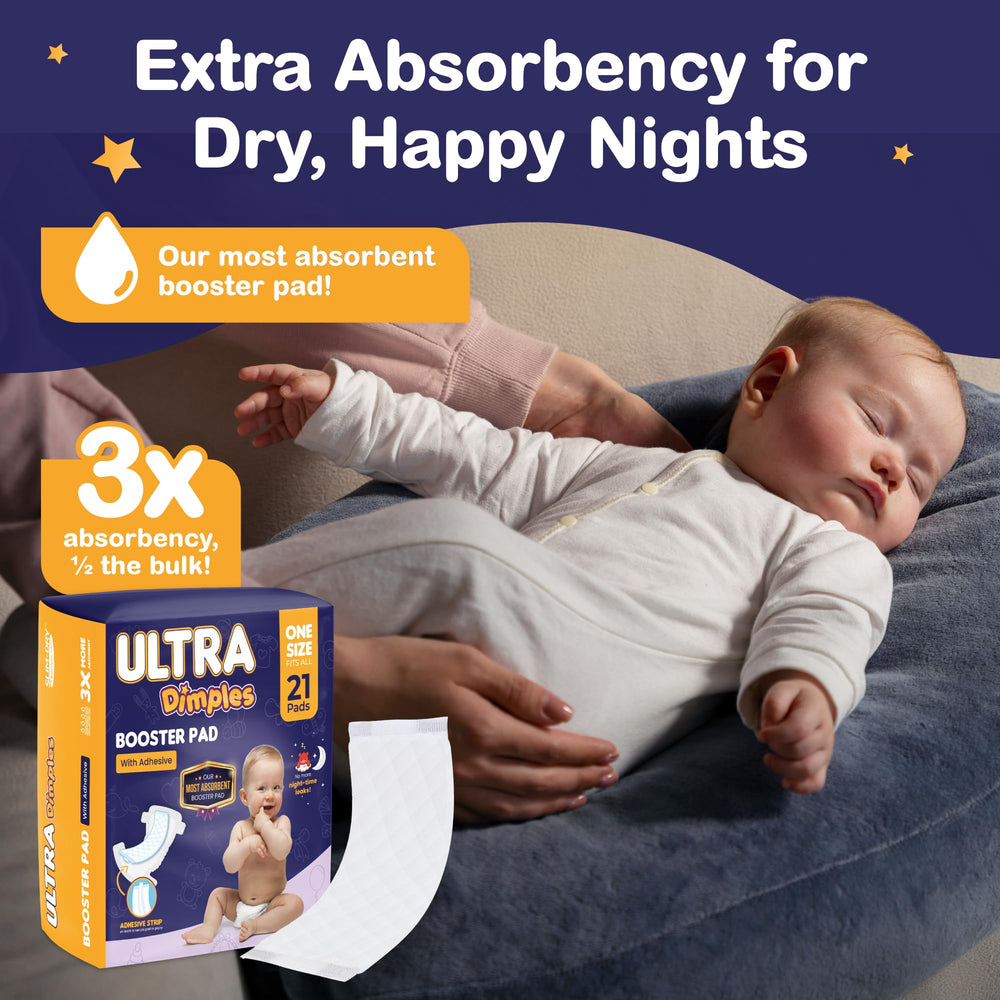 Inspire Dimples booster pads inside diaper illustrate secure, leak-blocking insert.