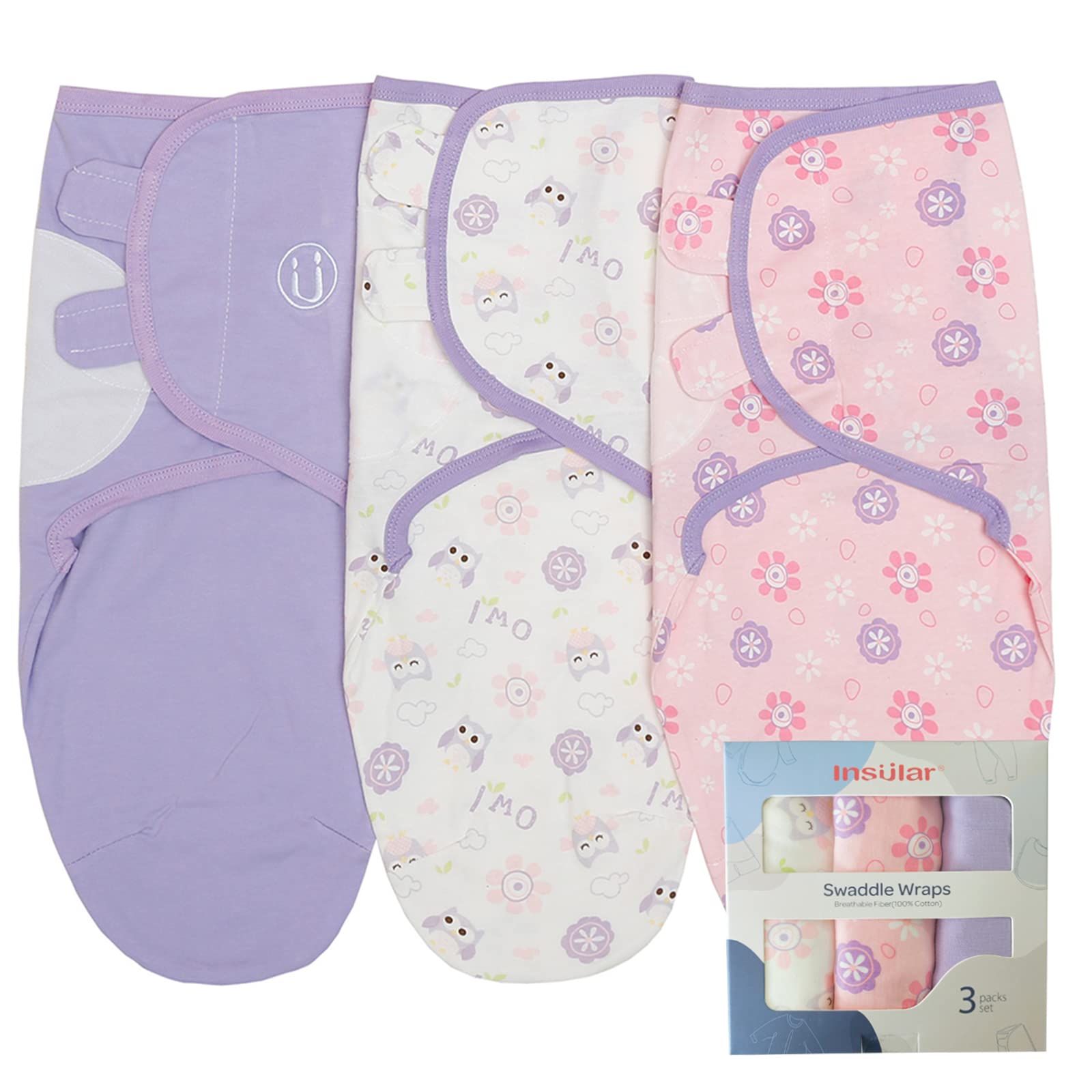 Insular baby swaddle owl design provides snug sleep support.