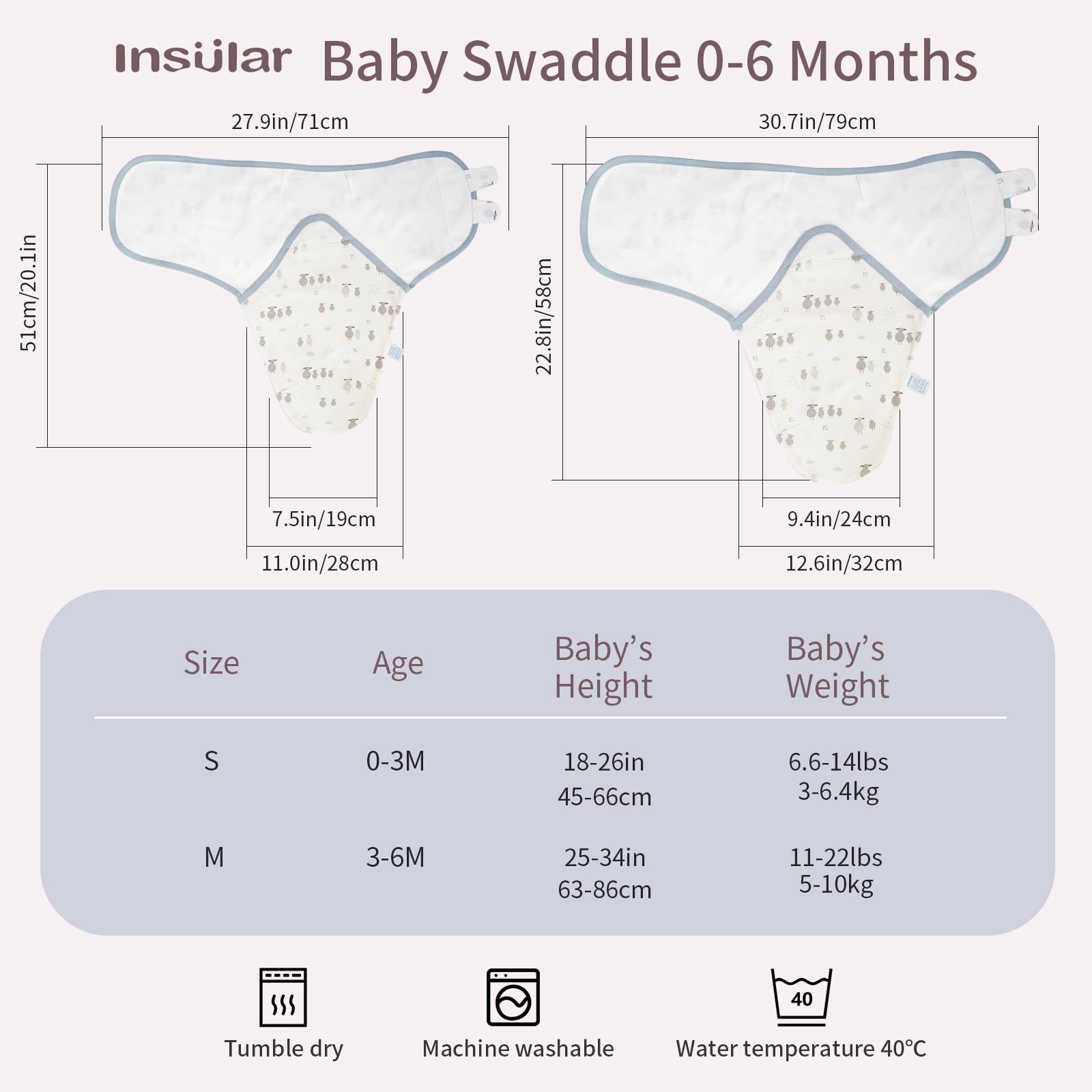Insular swaddle Sacks adjustable wings ensure a secure, grow-with-baby fit.