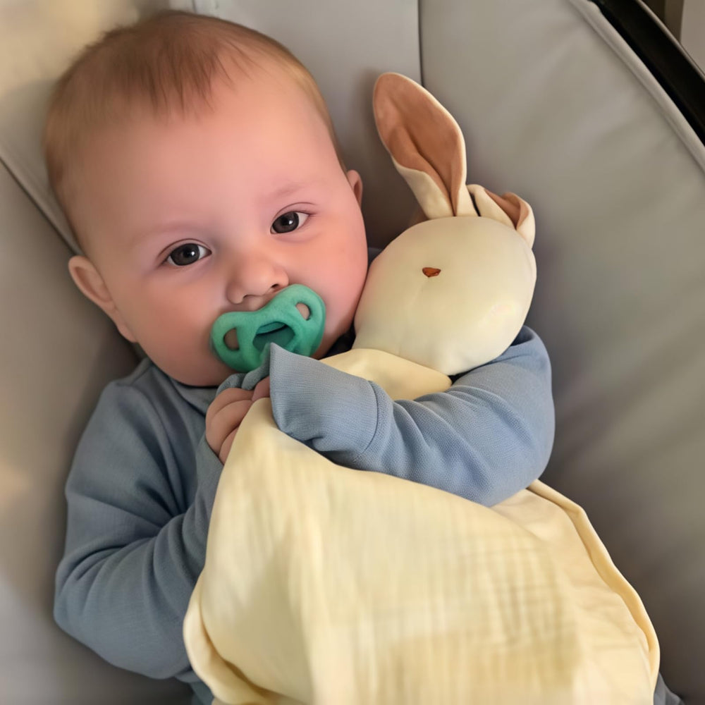 Insular Bunny Lovey muslin detail shows four-layer cotton for gentle touch
