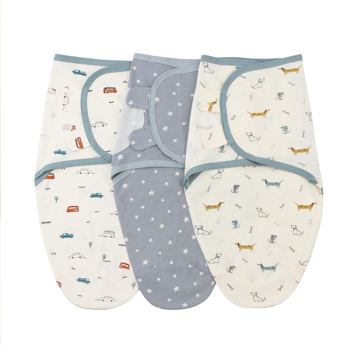 Insular car-dachshund swaddle pattern promotes cozy newborn cuddles.