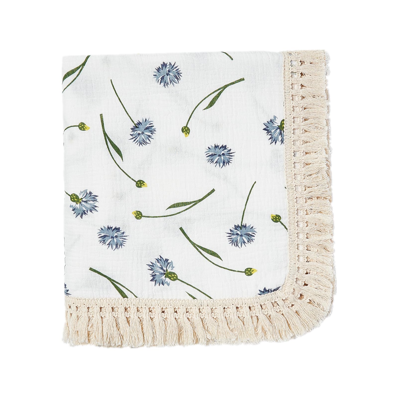 Insular cotton muslin baby blanket in blue dandelion folding view shows soft, breathable fabric for cuddles.