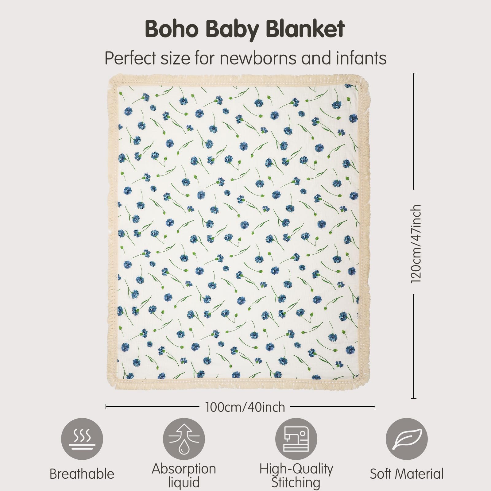 Insular baby blanket blue dandelion fringe details on four sides add decorative style and warmth.
