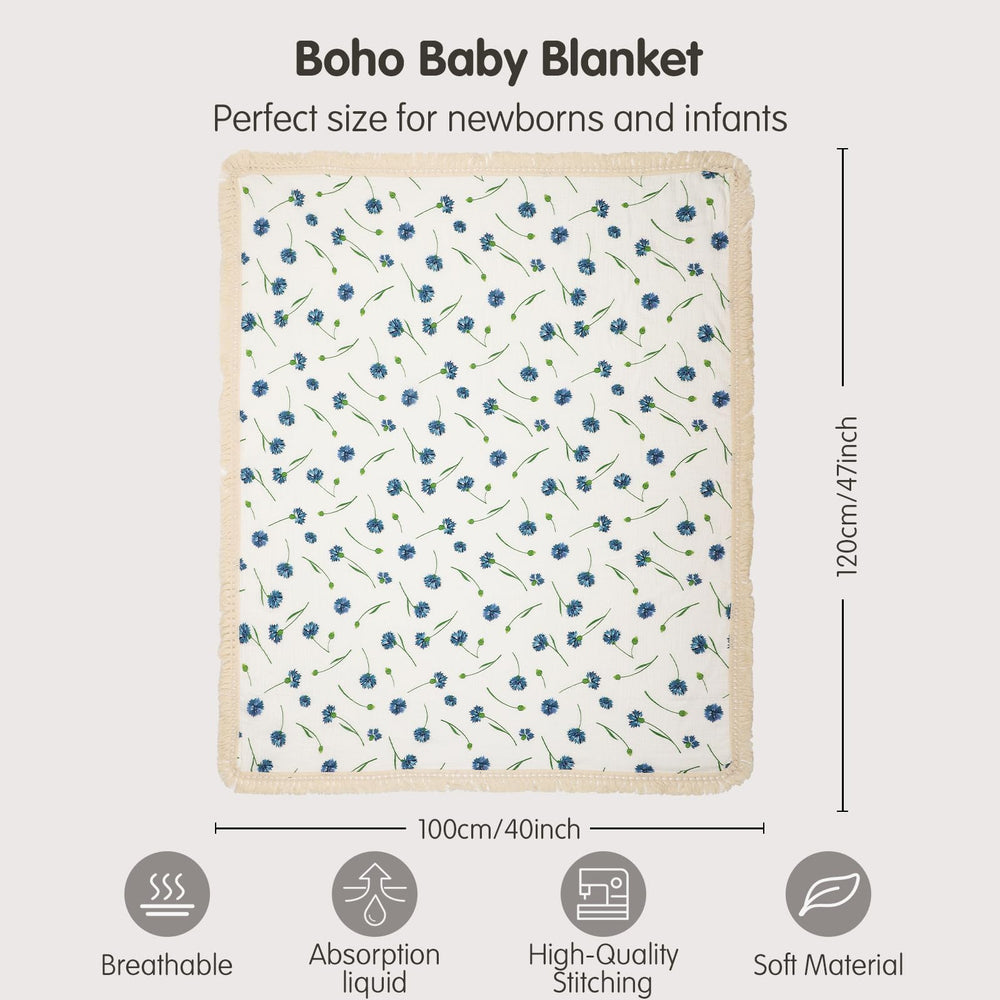 Insular baby blanket blue dandelion fringe details on four sides add decorative style and warmth.