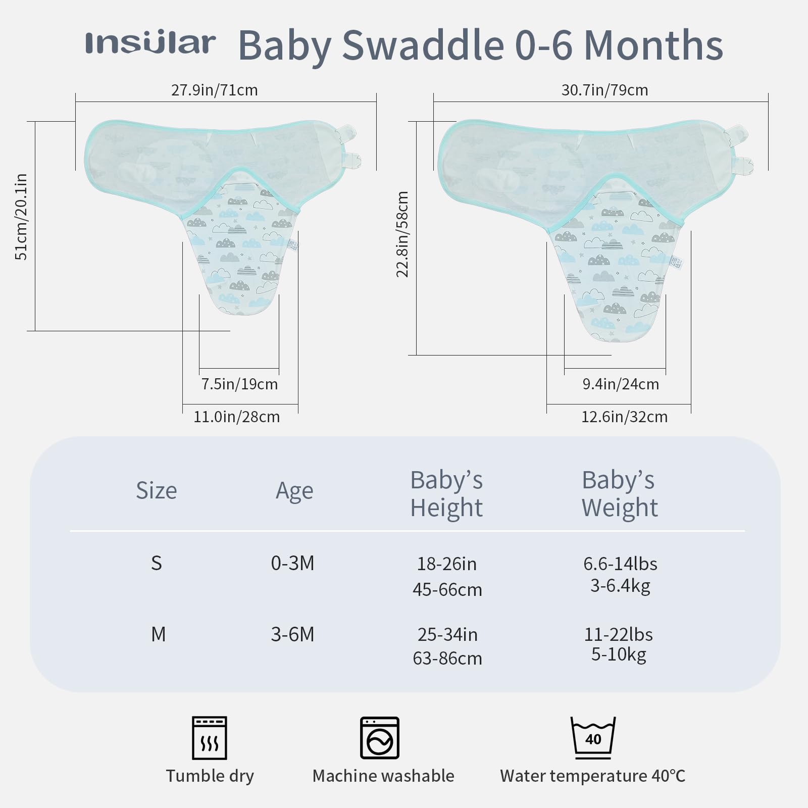 insular swaddle sacks 3-6m-wings, adjustable fit for growing babies