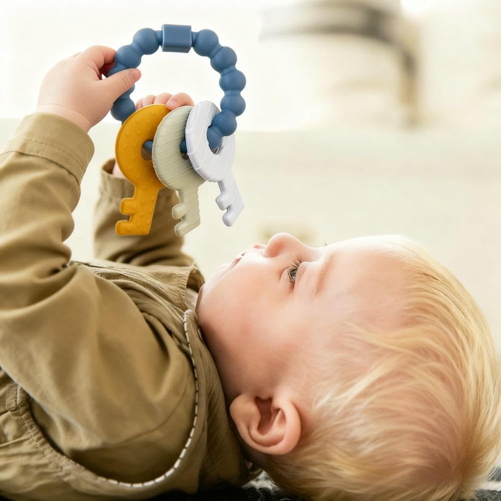 Intatikoo Baby Keys Teether Deep Blue raised textures for varied chewing comfort
