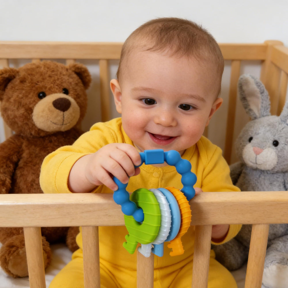 Intatikoo Baby Keys Teether stroller-attachment keeps the toy handy during travel