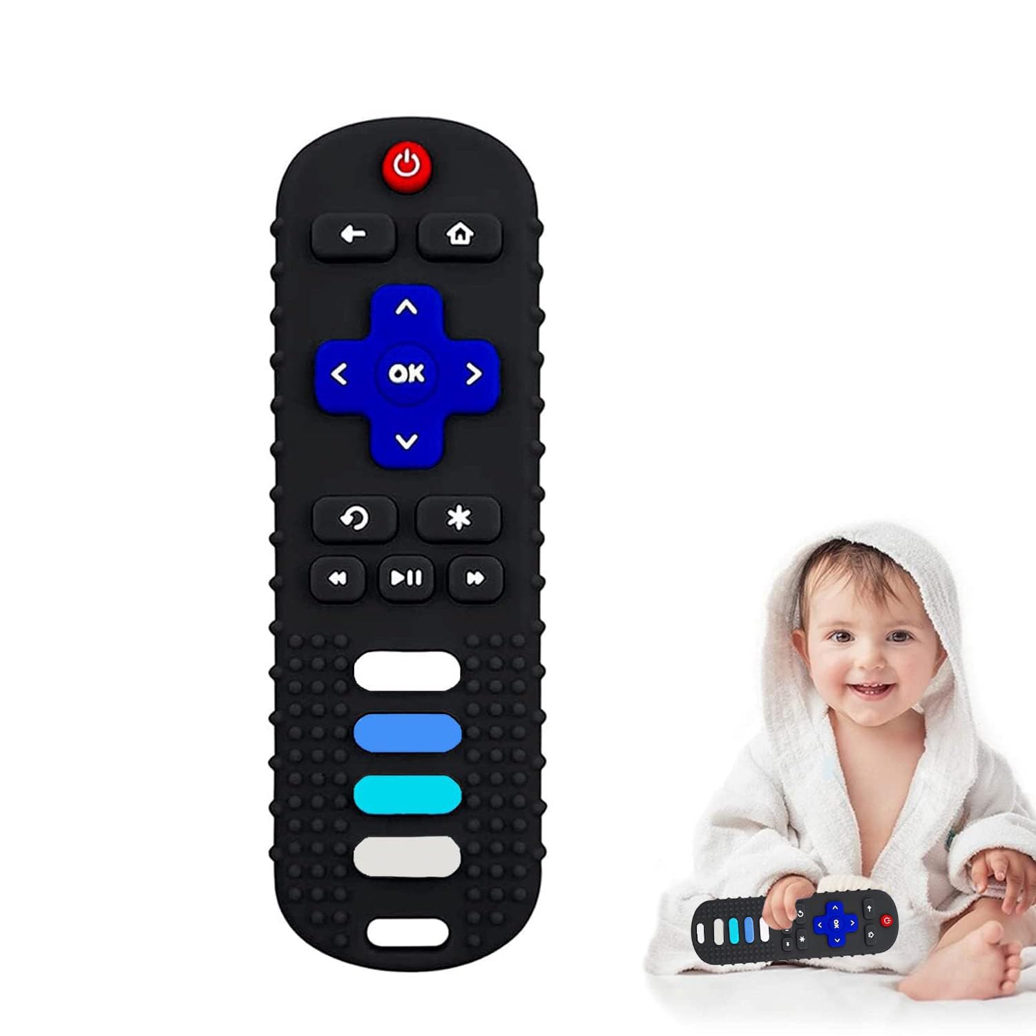 Intatikoo remote-front teether showcasing safe chewing and bright colors.